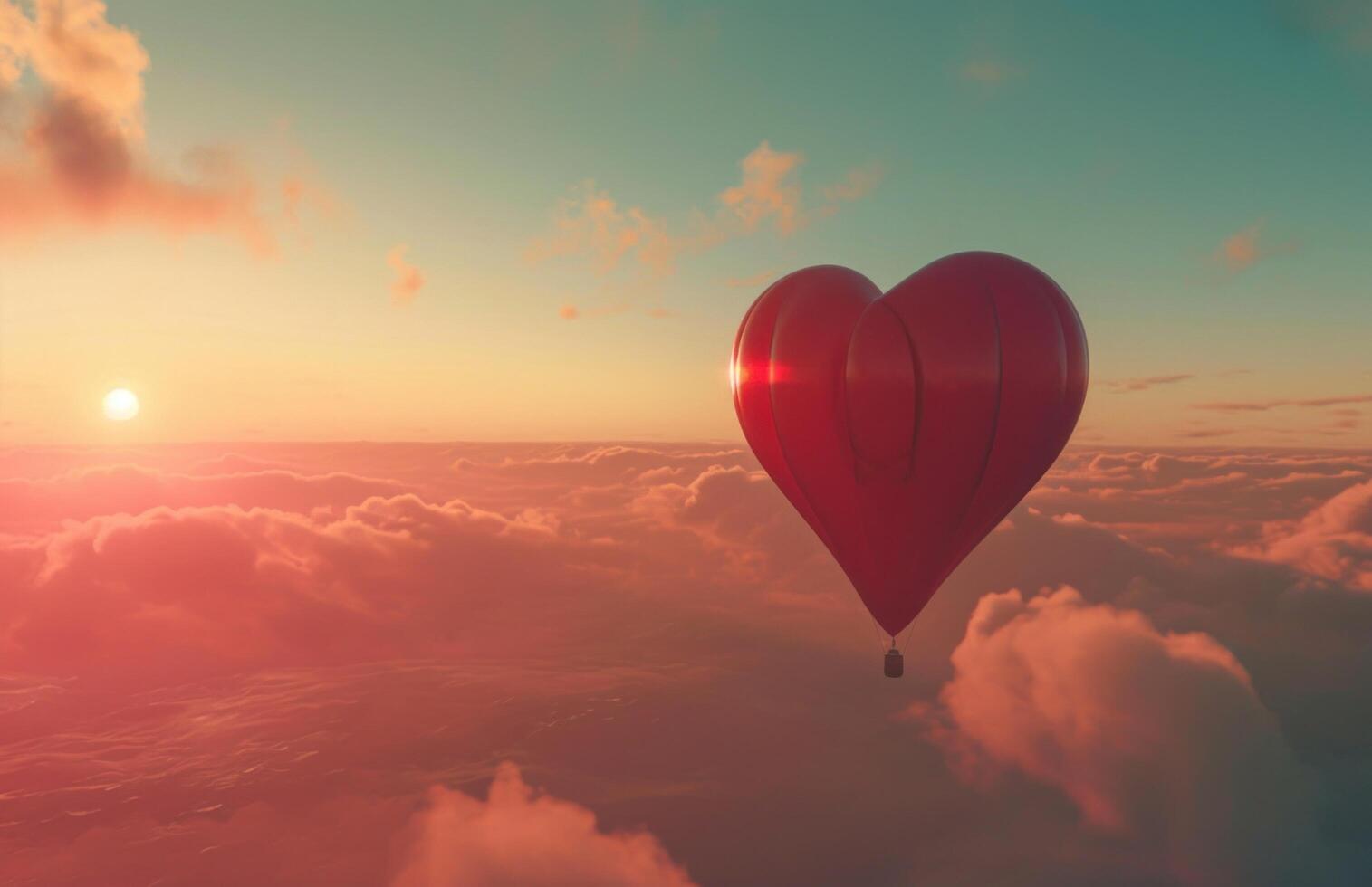 AI generated red heart shape hot air balloon in the sky photo