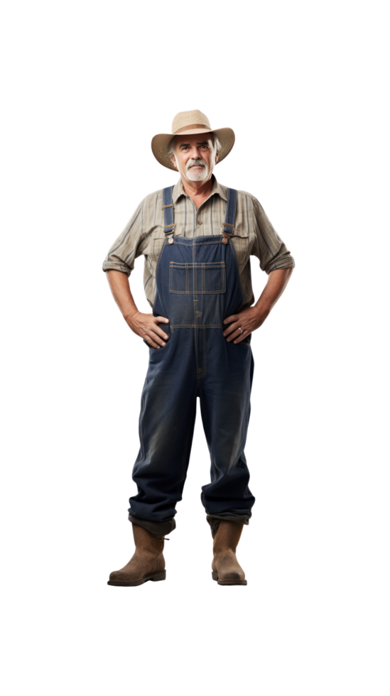 AI generated Elderly male farmer with beard standing looking at camera, isolated, full body, transparent background. png