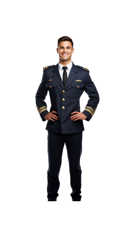 AI generated Smart handsome airplane captain standing happily smiling on PNG transparent background