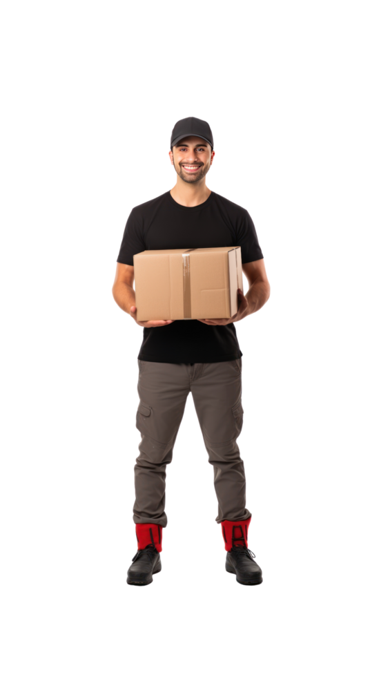 AI generated Male delivery man standing looking at camera, isolated, full body, transparent background. png