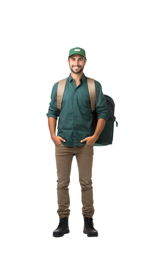 AI generated Male delivery man standing looking at camera, isolated, full body, transparent background. png