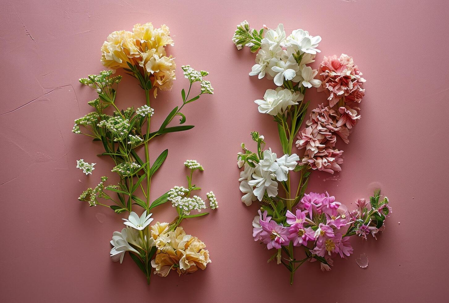 ai generado rosado y blanco flores hacer el letra en un rosado antecedentes foto