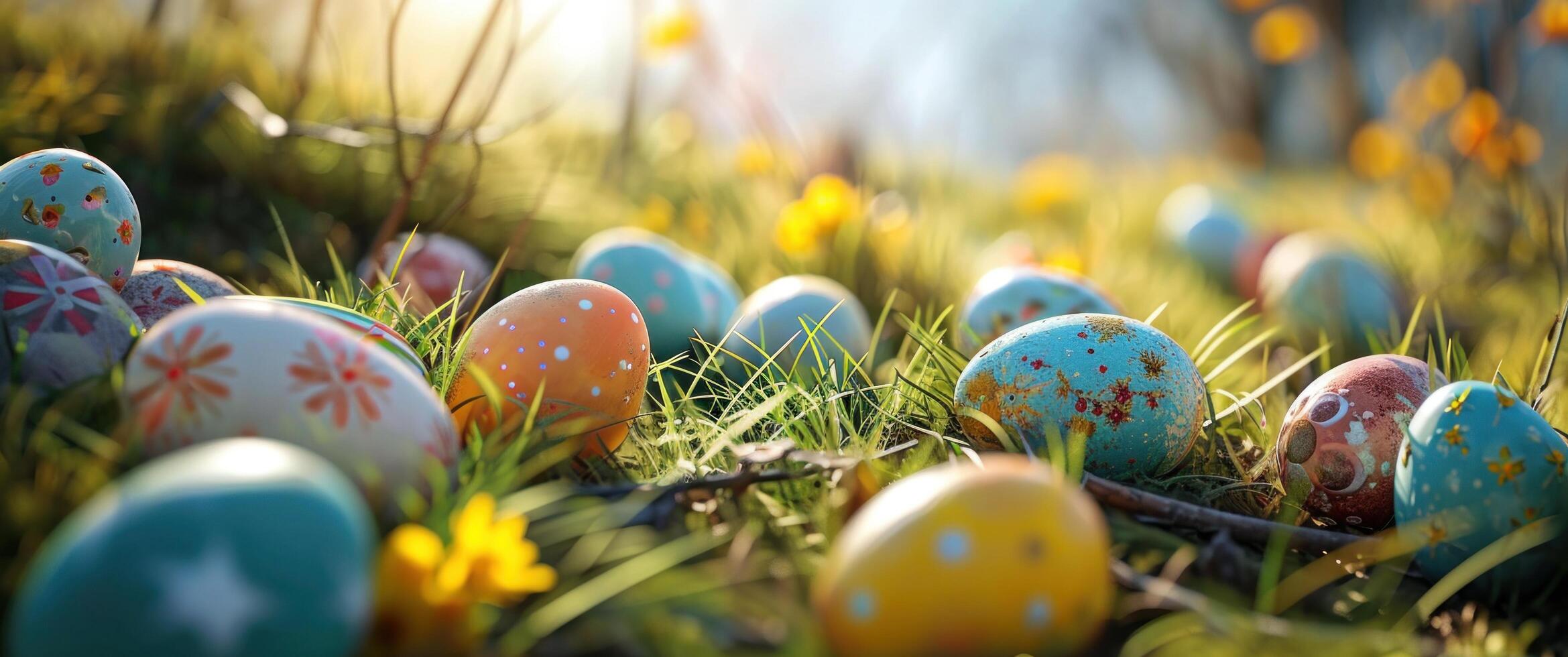 AI generated the frontispiece of an easter table with some decorated eggs photo