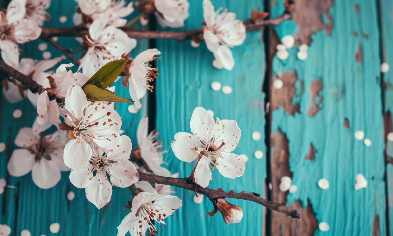 AI generated spring blossoms on blue wooden background vintage pictures photo