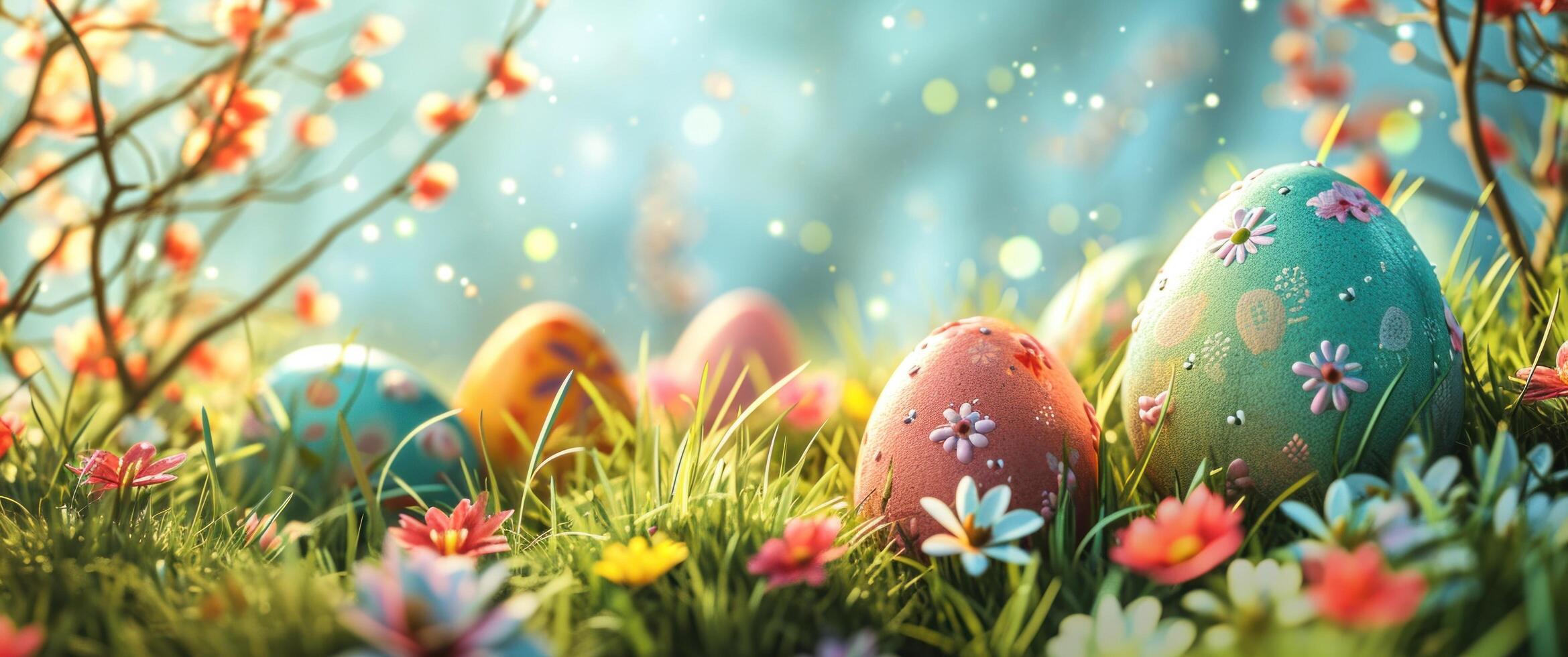 AI generated the frontispiece of an easter table with some decorated eggs photo