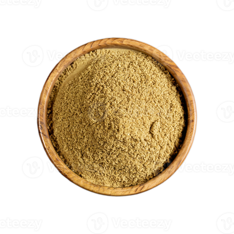 AI generated Coriander powder in a wooden bowl isolated in a transparent background. Coriander PNG