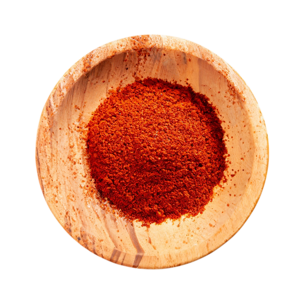 ai genererad röd chili pulver i en trä- skål isolerat i en transparent bakgrund. paprika png