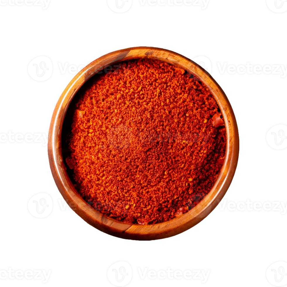 AI generated Red Chilli powder in a wooden bowl isolated in a transparent background. Paprika PNG