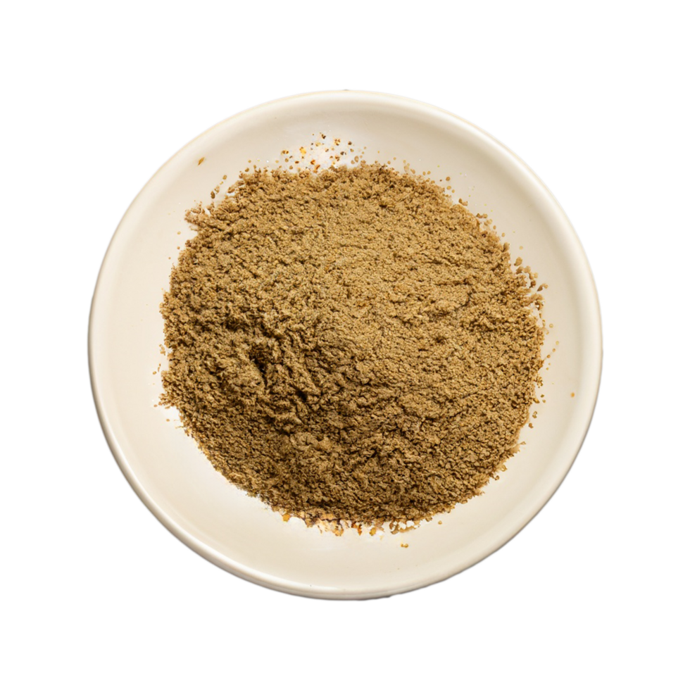 AI generated Coriander powder on a plate isolated in a transparent background. Top view Coriander PNG