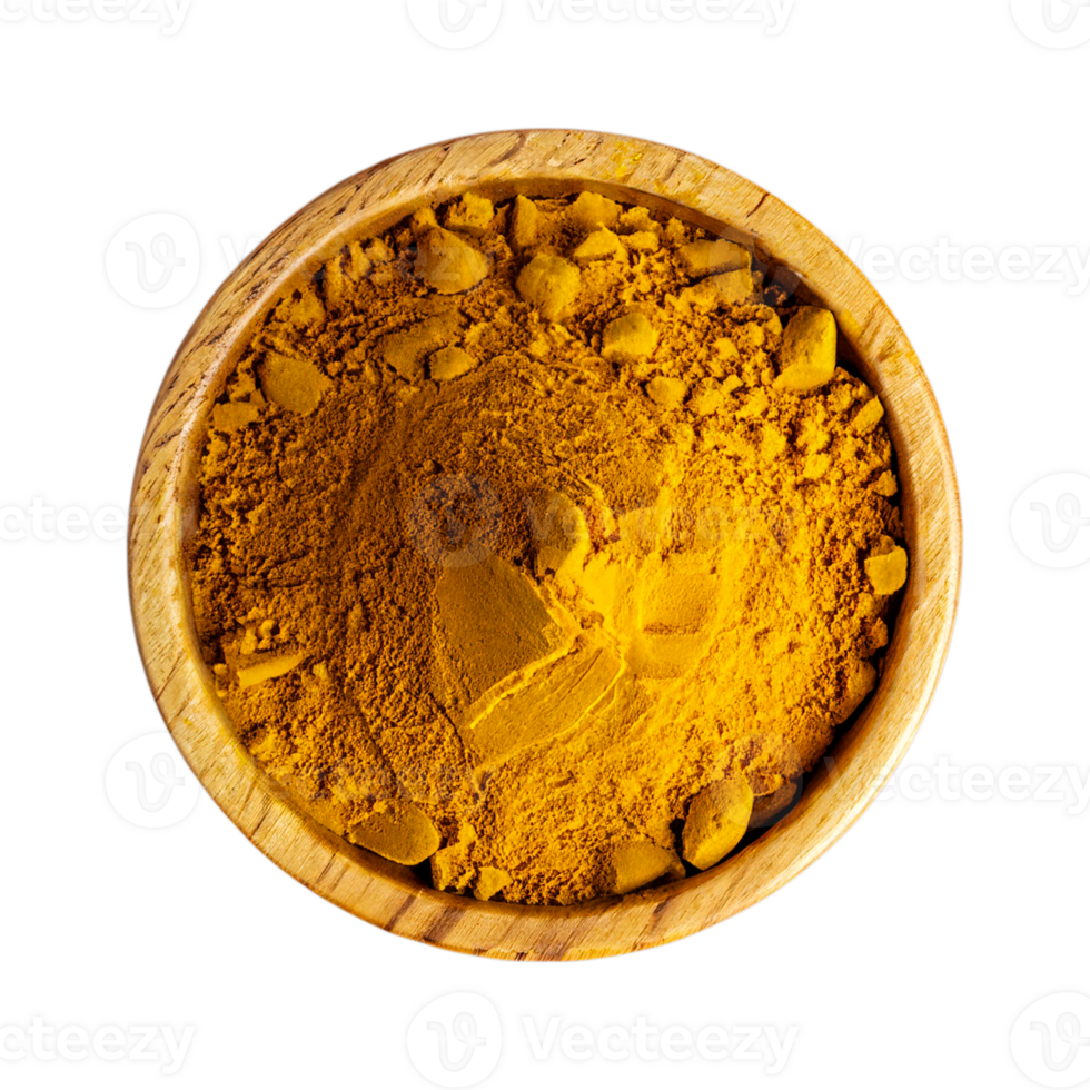 AI generated Turmeric powder in a wooden bowl isolated in a transparent background.  Top View Turmeric  PNG