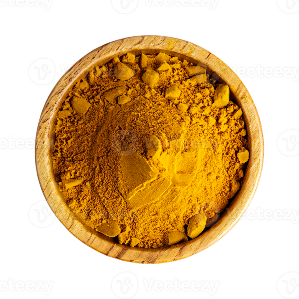 ai genererad gurkmeja pulver i en trä- skål isolerat i en transparent bakgrund. topp se gurkmeja png