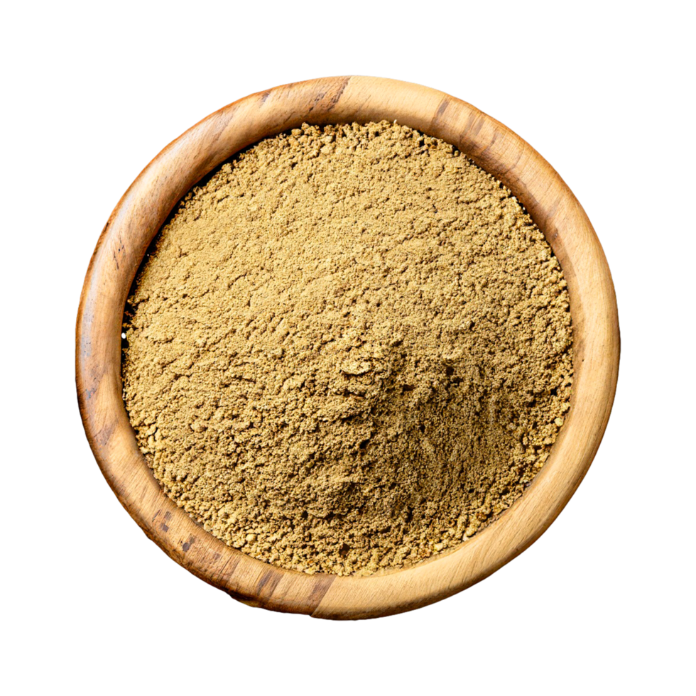 AI generated Coriander powder in a wooden bowl isolated in a transparent background. Coriander PNG