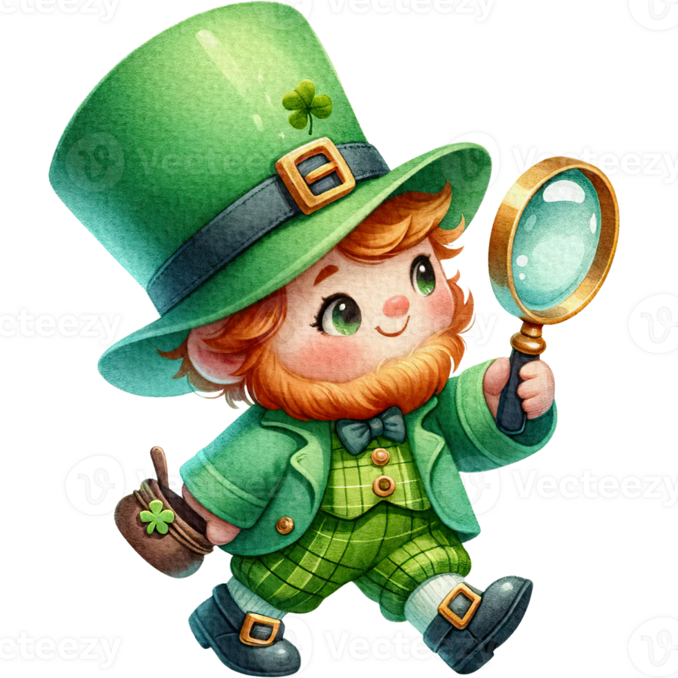 AI generated Leprechaun cute cartoon character watercolor walking and searching for something. png
