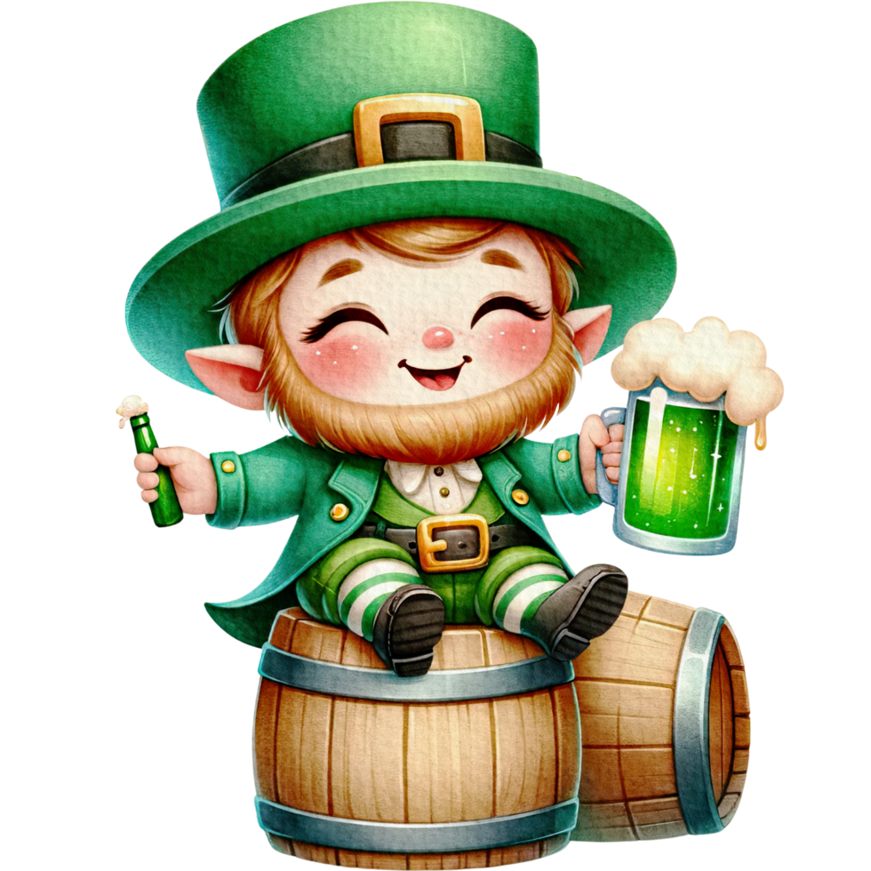 AI generated Leprechaun cute cartoon character watercolor with Green beer pint sitting on a beer keg. png