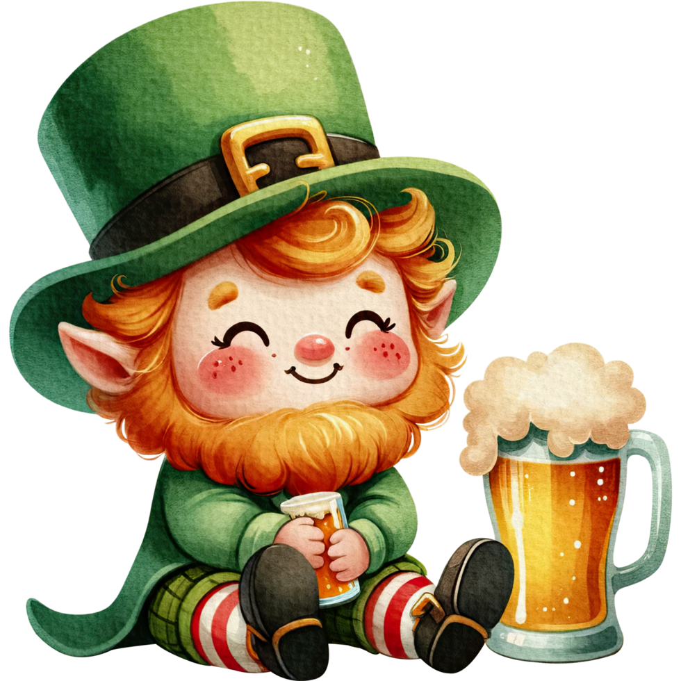AI generated Leprechaun cute cartoon character watercolor with Green beer pint sitting on the floor. png