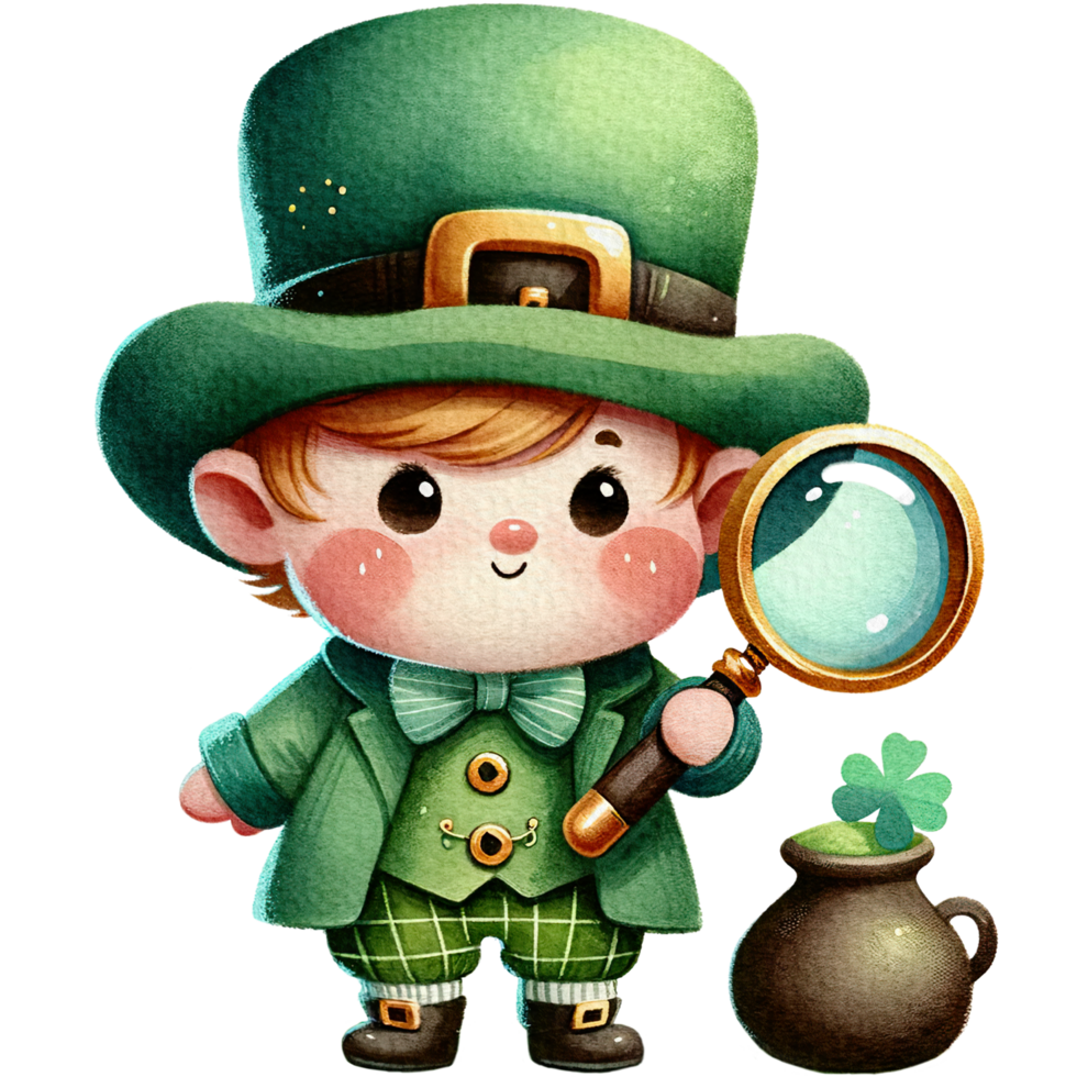 AI generated Leprechaun cute cartoon character watercolor walking and searching for something. png