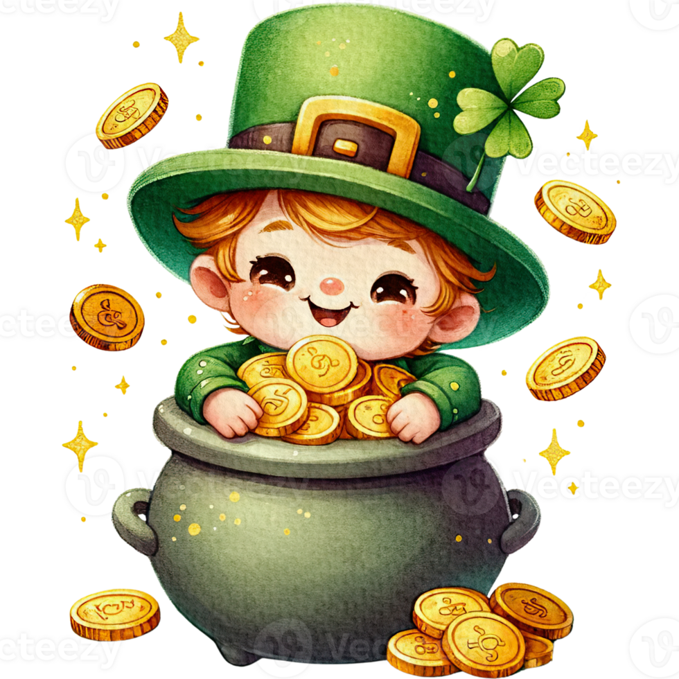 AI generated Leprechaun cute cartoon character watercolor with a pot of Gold. png