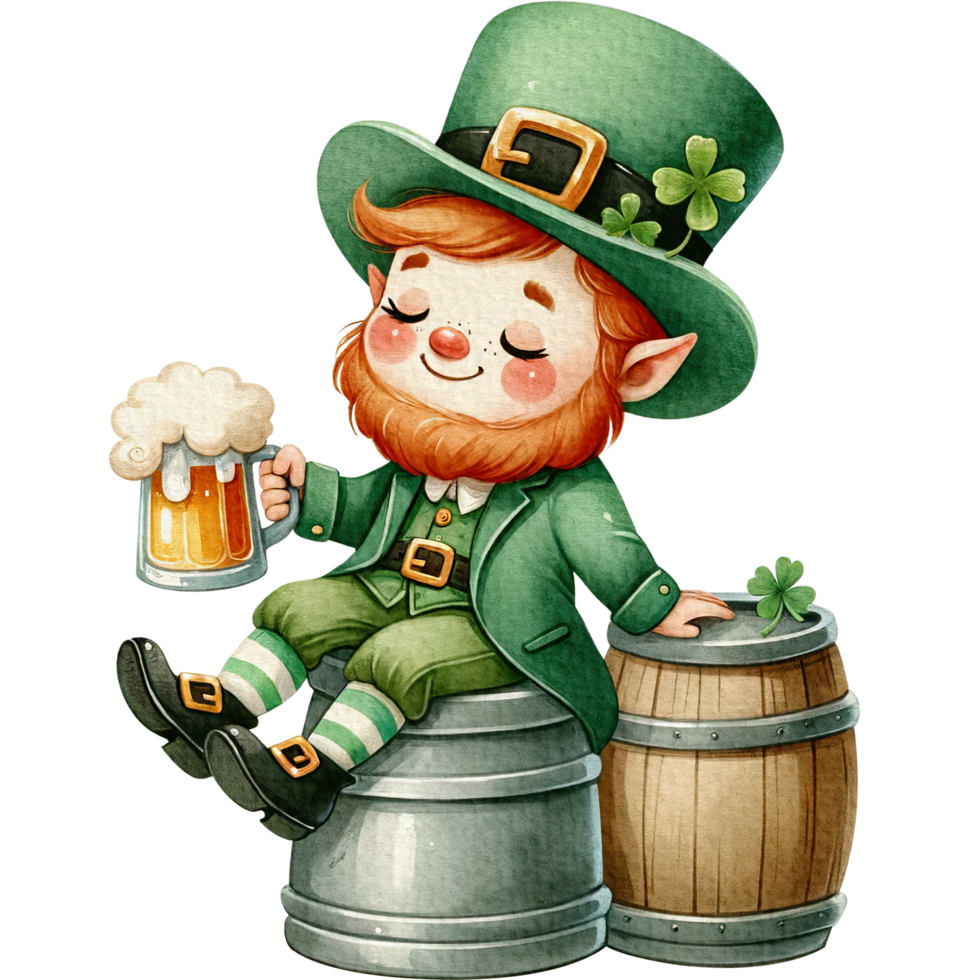 ai généré lutin mignonne dessin animé personnage aquarelle avec vert Bière pinte séance sur une Bière tonnelet. png