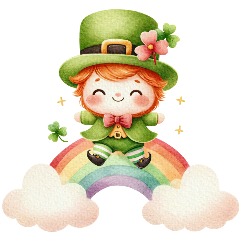 AI generated Leprechaun cute cartoon character watercolor with riding on the rainbow. png