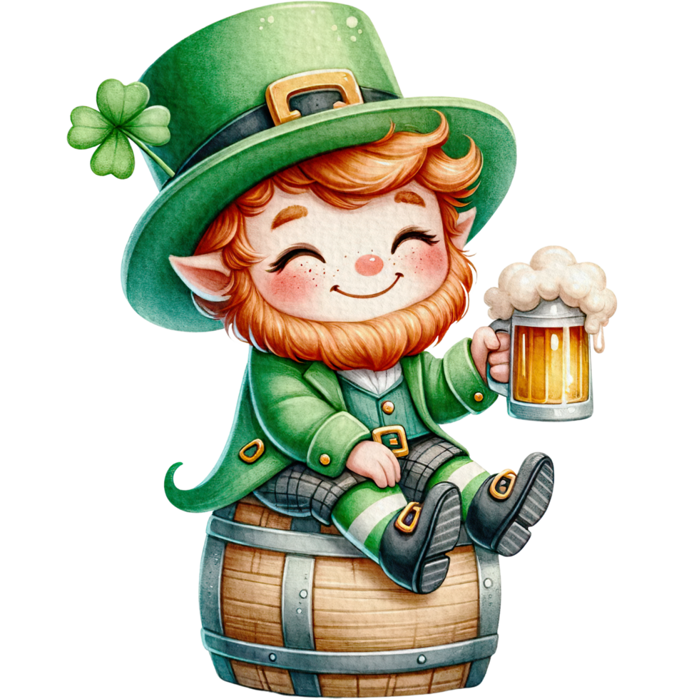 AI generated Leprechaun cute cartoon character watercolor with Green beer pint sitting on a beer keg. png