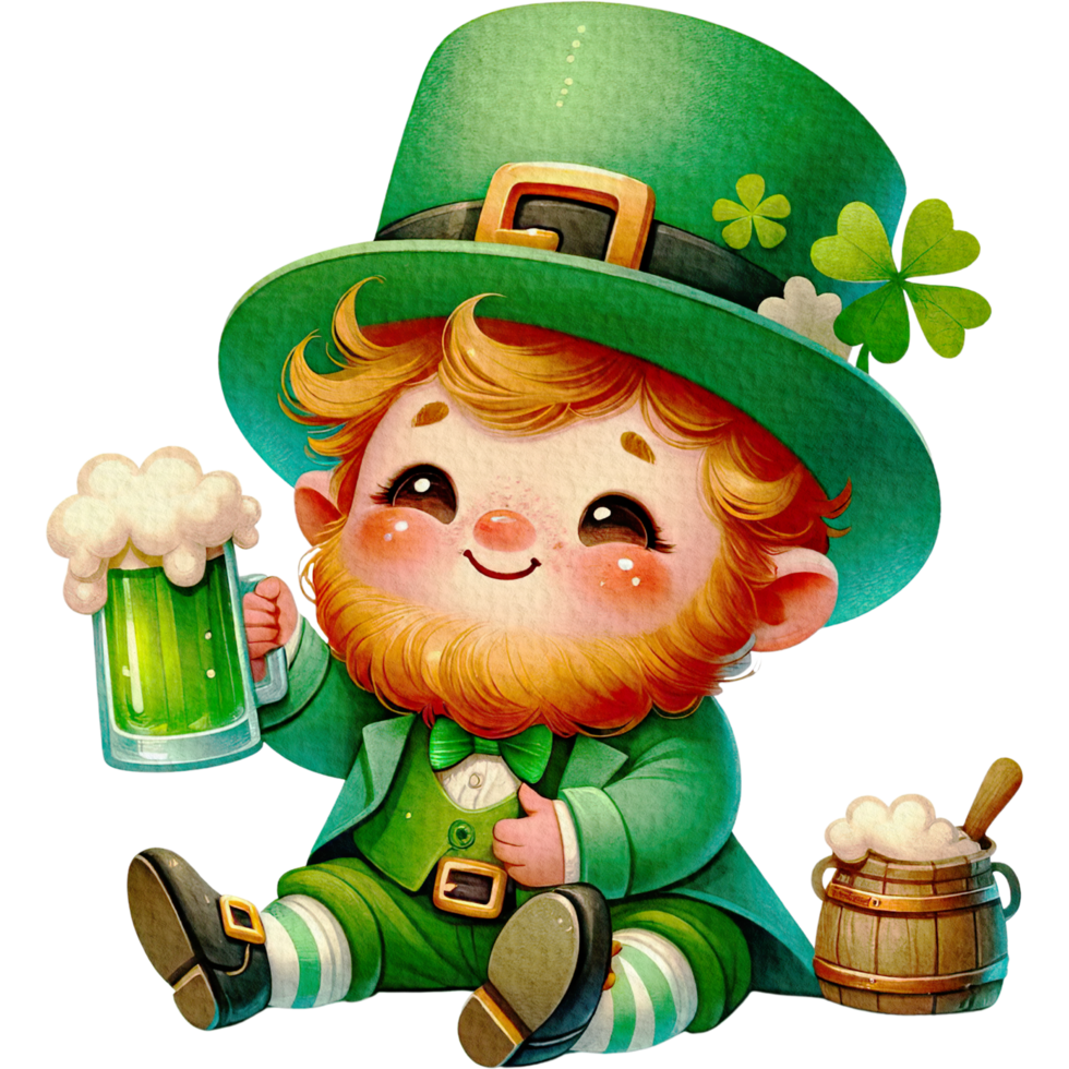 AI generated Leprechaun cute cartoon character watercolor with Green beer pint sitting on the floor. png