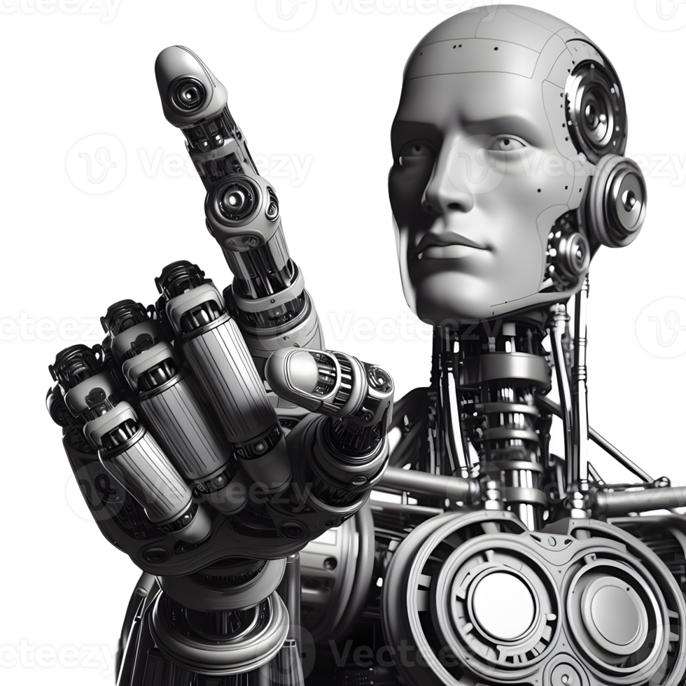 AI generated humanoid robot machine cyborg hand pointing touch transparent background png, arm raising one index finger upward gesture direction 3d rendering digital world future contact or press png