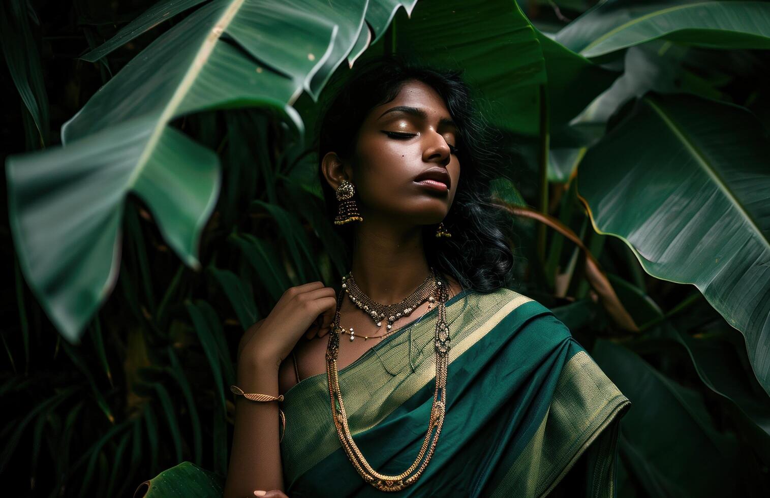 AI generated the model is posing in the leaves photo