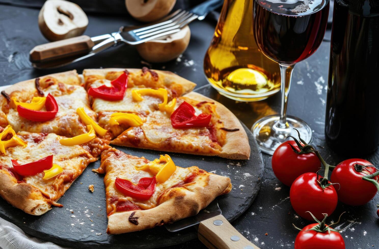 ai generado Pizza es en el mesa con un corazón y un vino botella foto