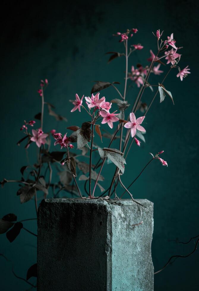 AI generated the pink flowers are growing on top of a grey pedestal photo