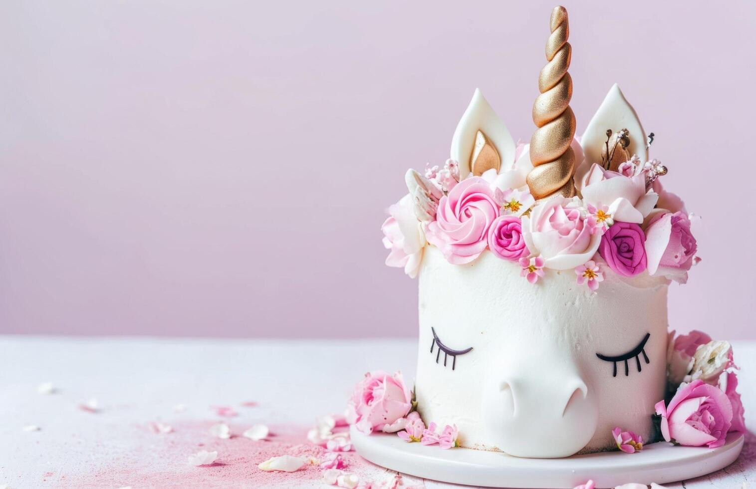 AI generated unicorn cake with pink flowers photo