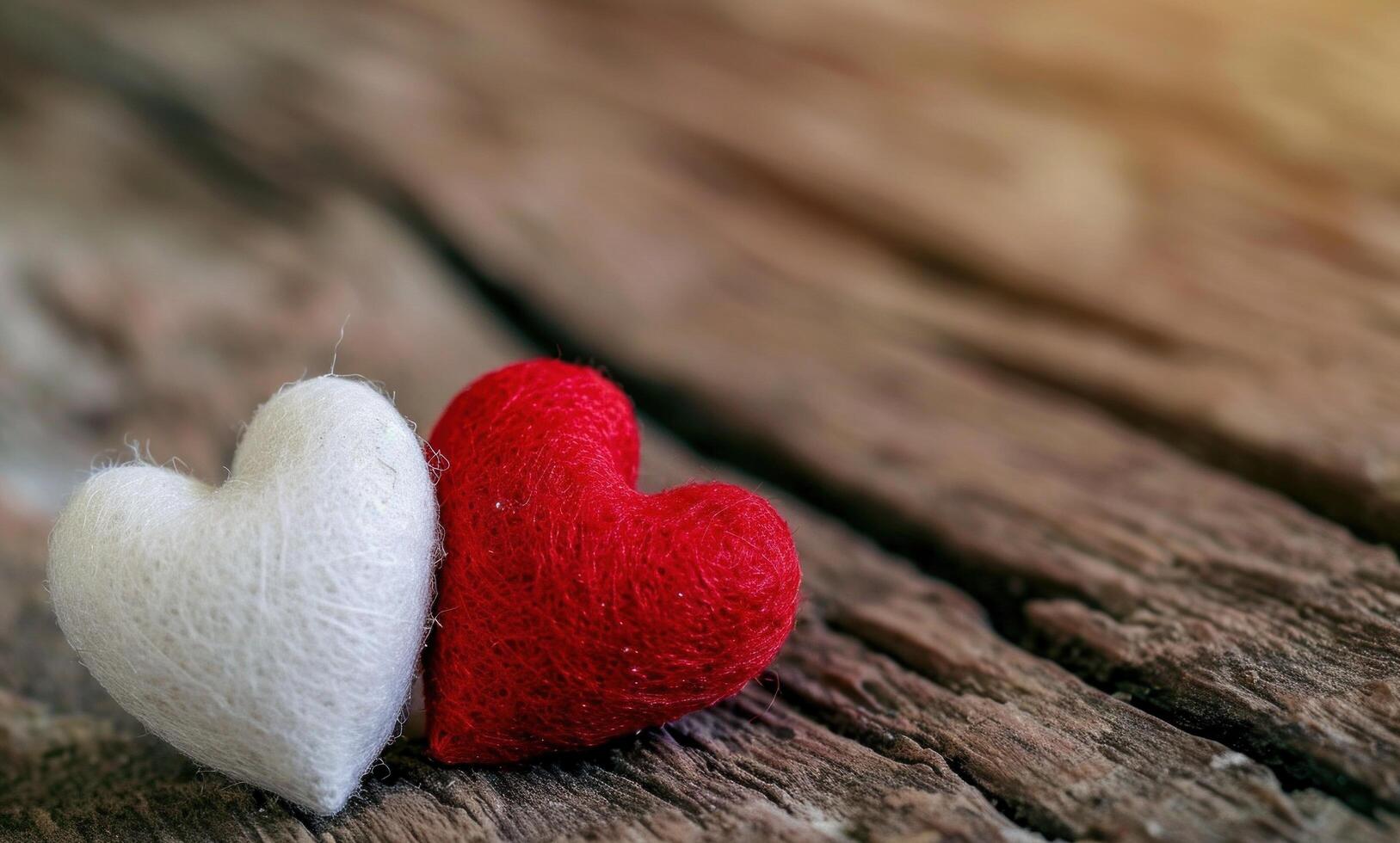 AI generated two felt heart, red and white, on wooden table photo