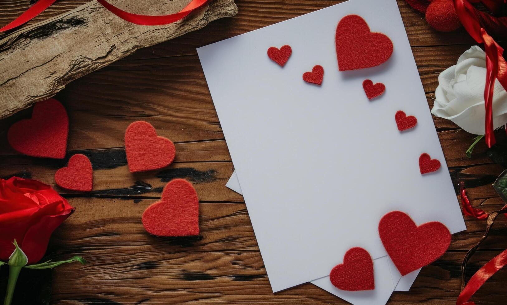 ai generado enamorado saludo tarjeta con rojo corazones diseño y blanco blanco sábana foto