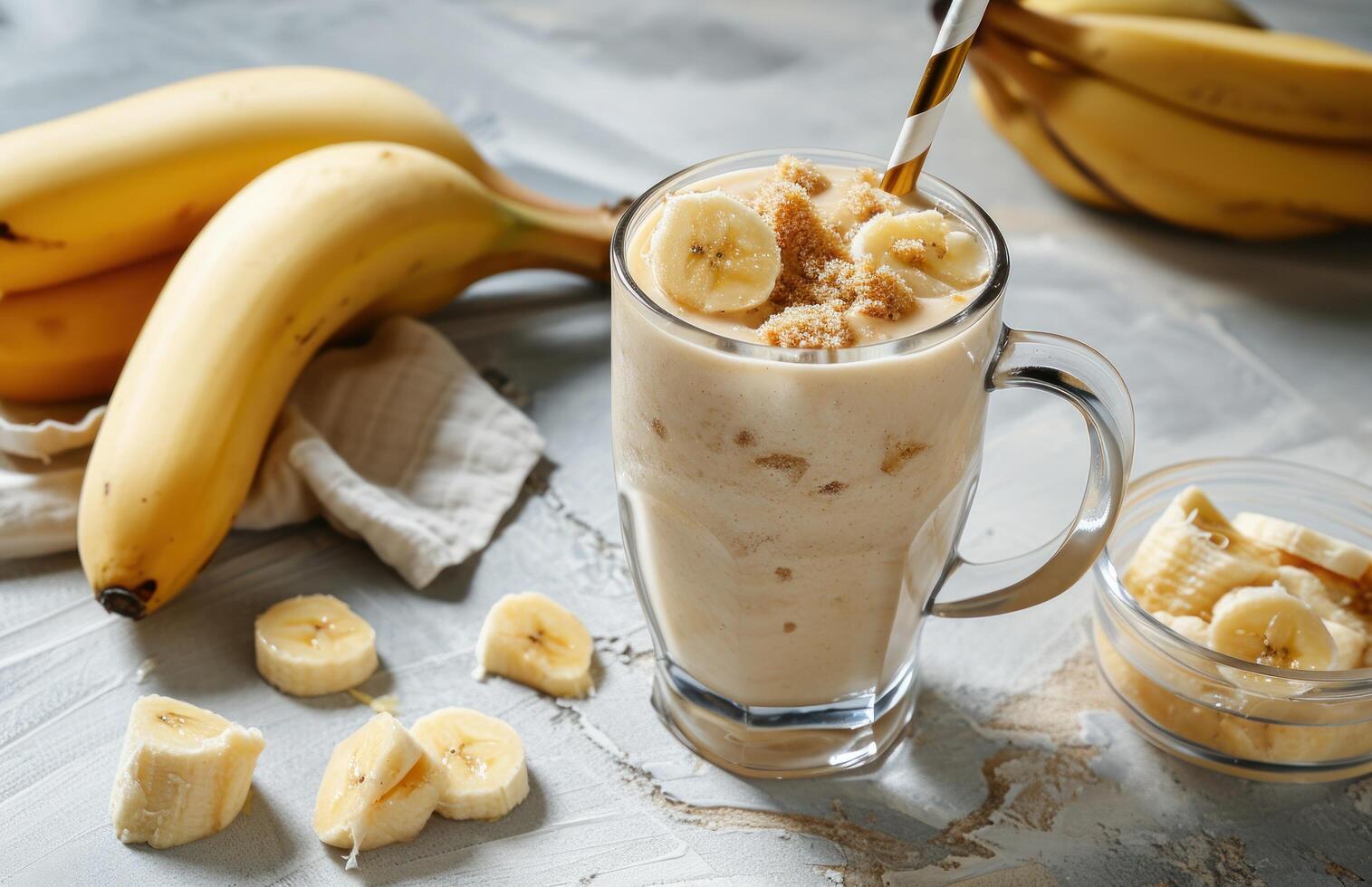 AI generated a banana milkshake and pieces of banana photo