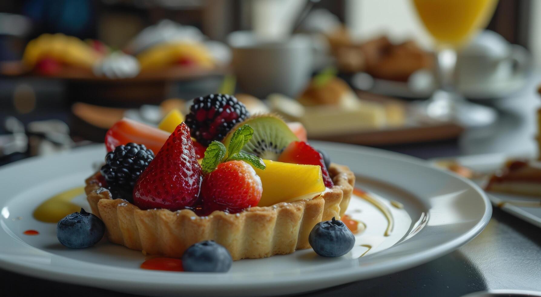 ai generado un Fruta tarta es sentado en un blanco plato con otro platos foto