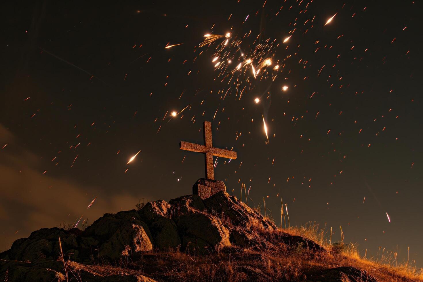 AI generated a cross on a hill with many rockets shooting off at night photo