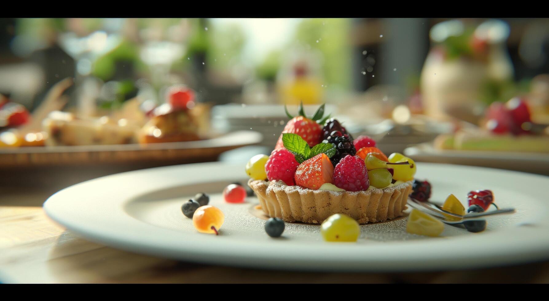 AI generated a fruit tart is sitting on a white plate with other dishes photo
