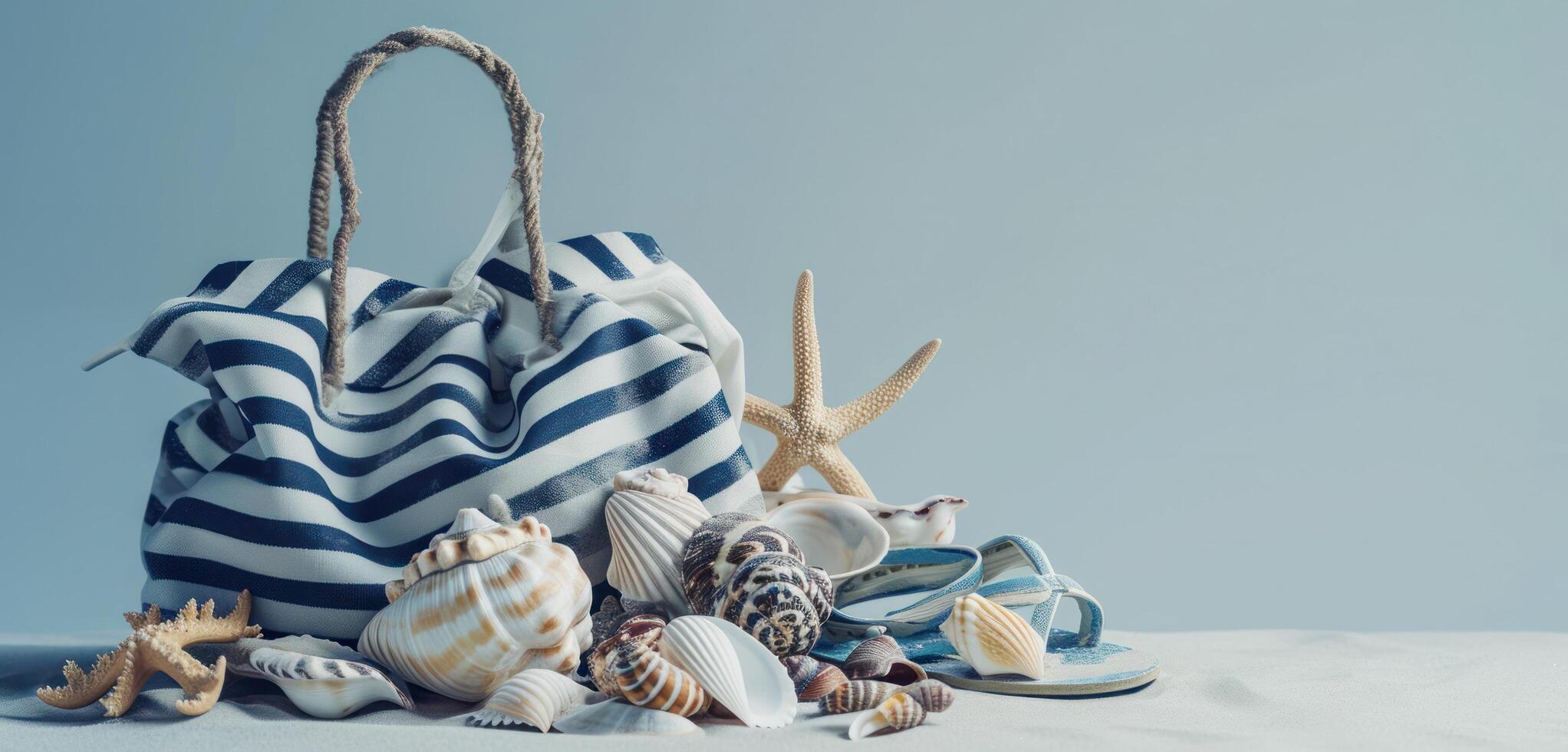 AI generated a beach bag with sea shells, flipflops and other beach accessories photo