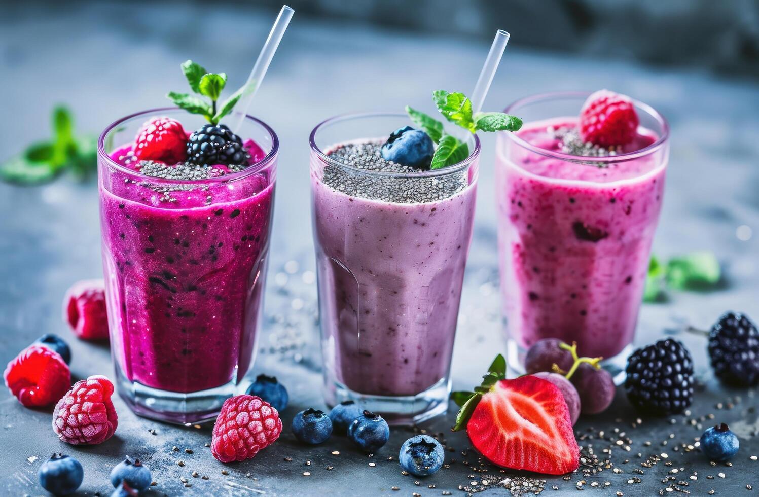 AI generated berry smoothies with chia seeds photo