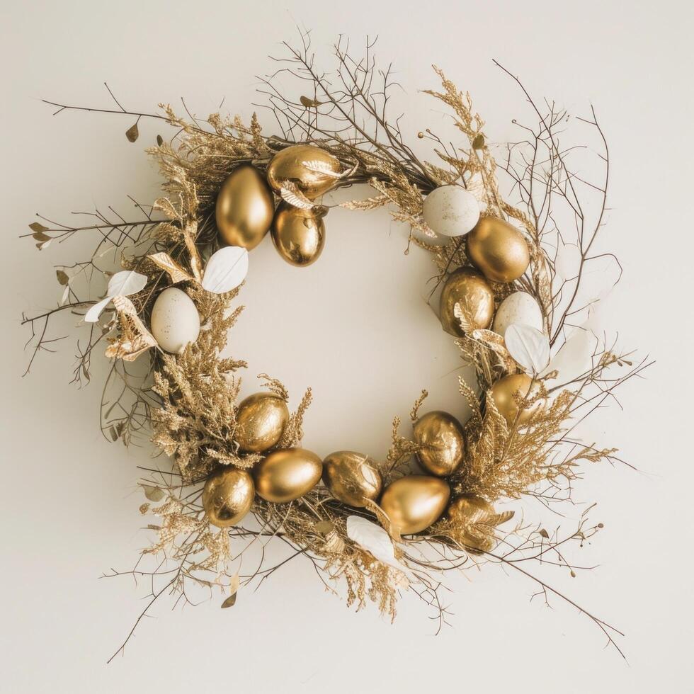 AI generated wreath of gold eggs encircled by branches and leaves, photo