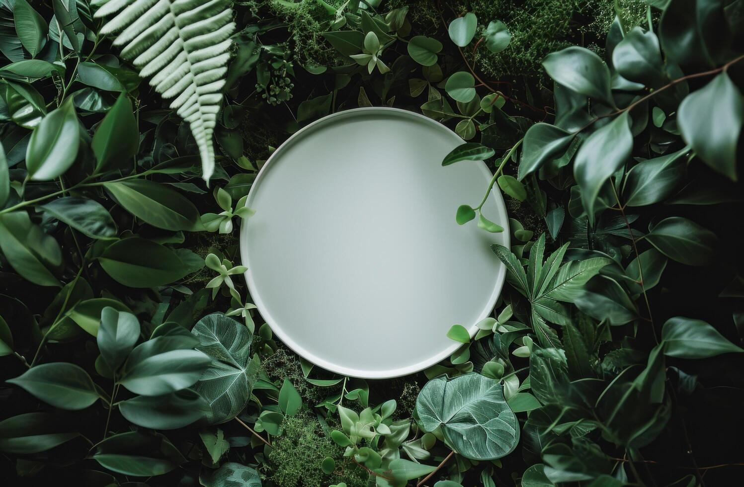 AI generated white oval circle in the middle of green leaves photo