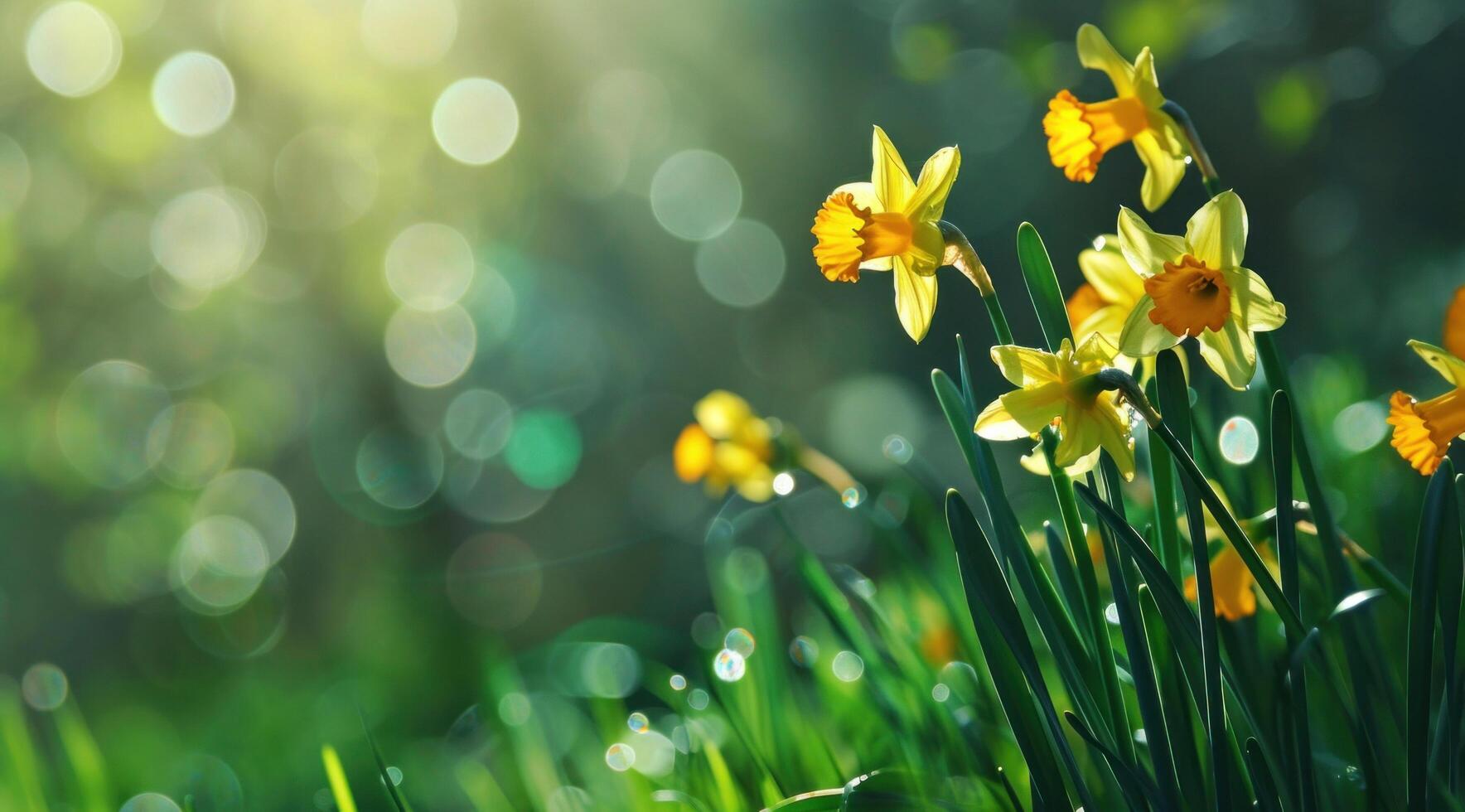 AI generated yellow and green daffodils on a background with sunlight green photo