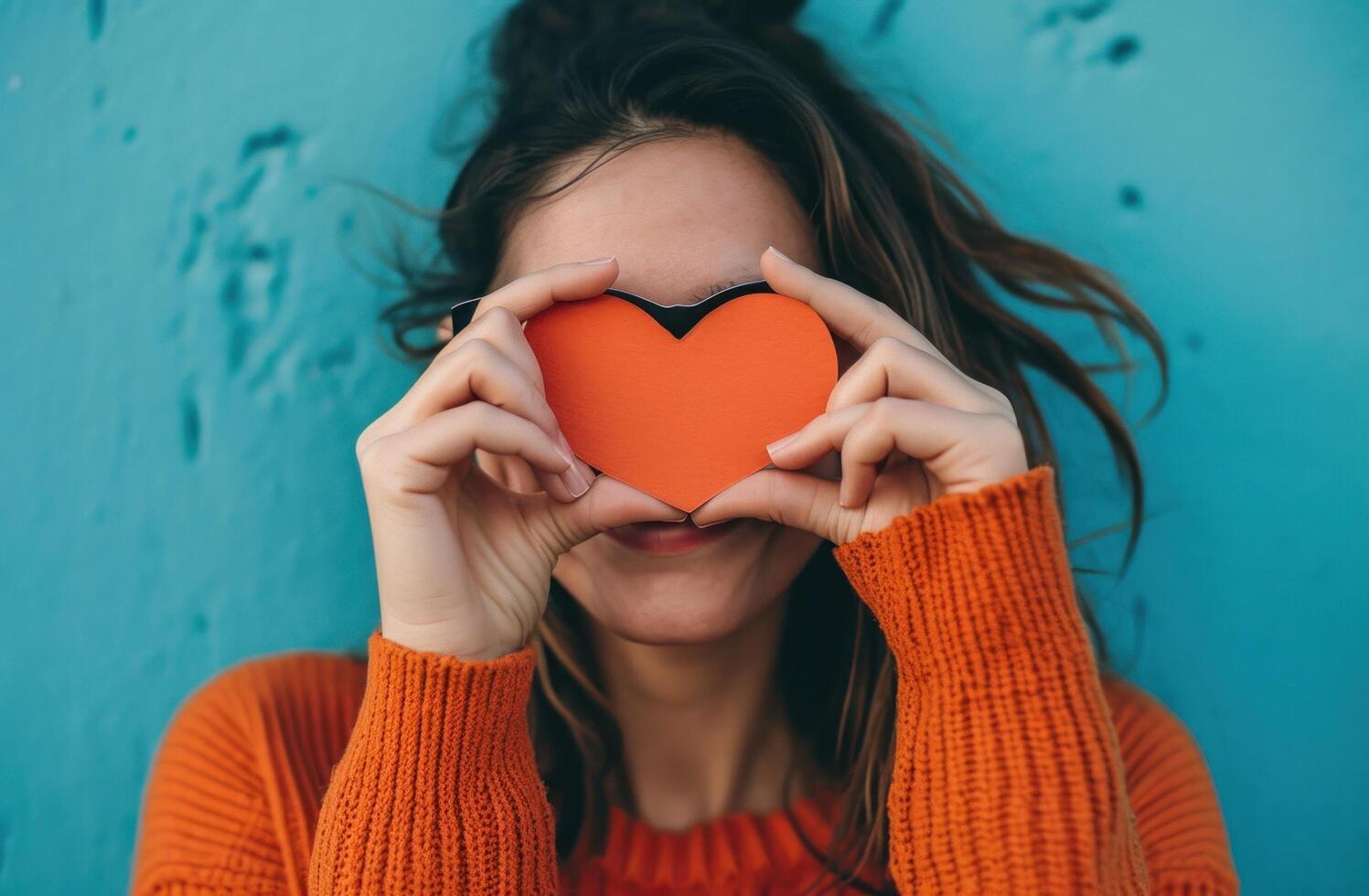 AI generated woman holding heart shaped paper above her eyes photo