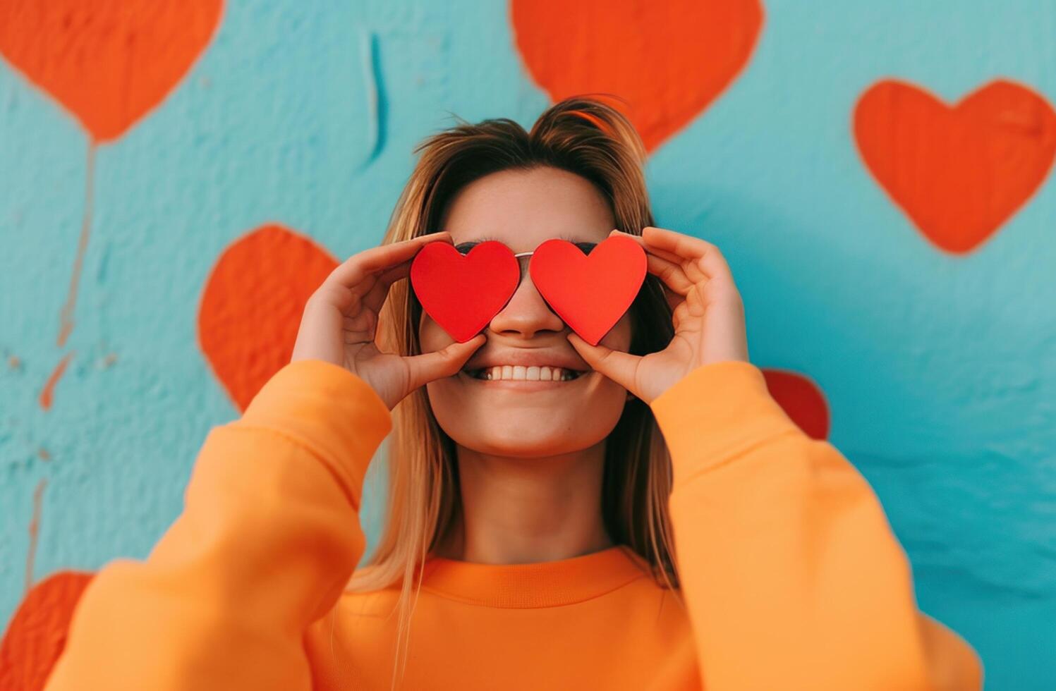 AI generated woman smiling with red heart paper over her eyes, photo