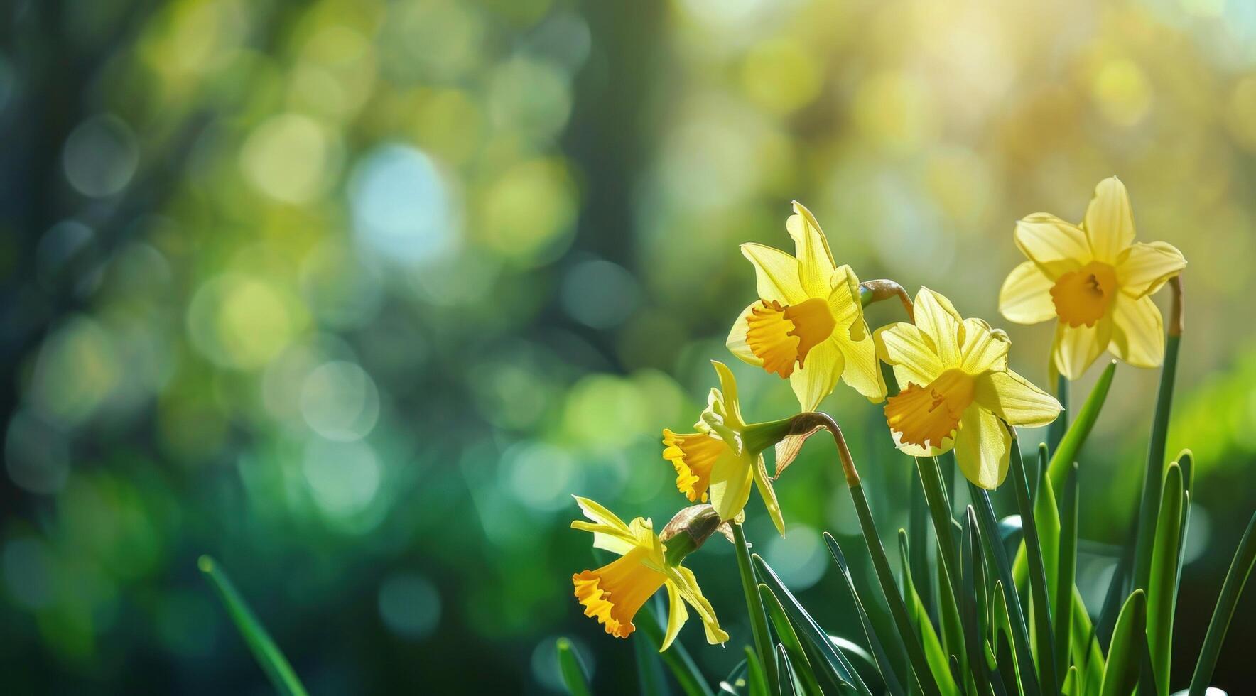 ai generado amarillo y verde narcisos en un antecedentes con luz de sol verde foto