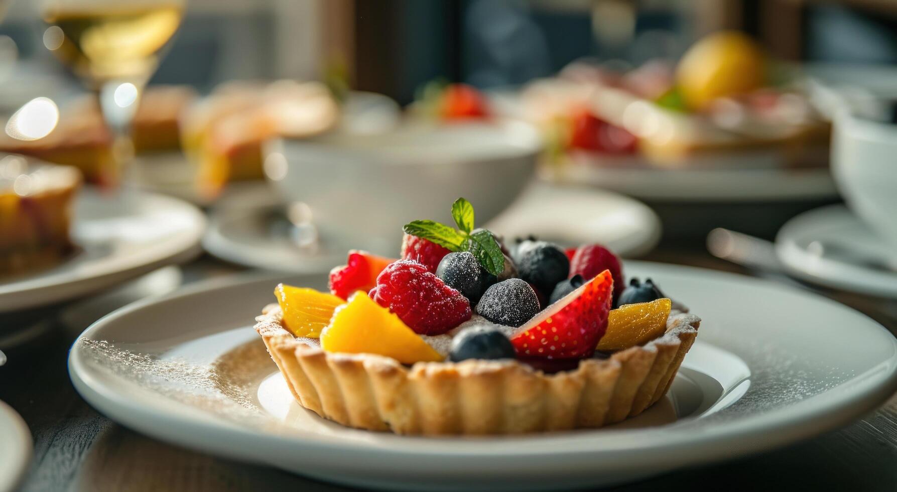 AI generated a fruit tart is sitting on a white plate with other dishes photo