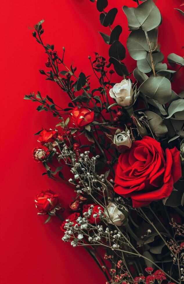 AI generated valentine's day flowers on red background photo