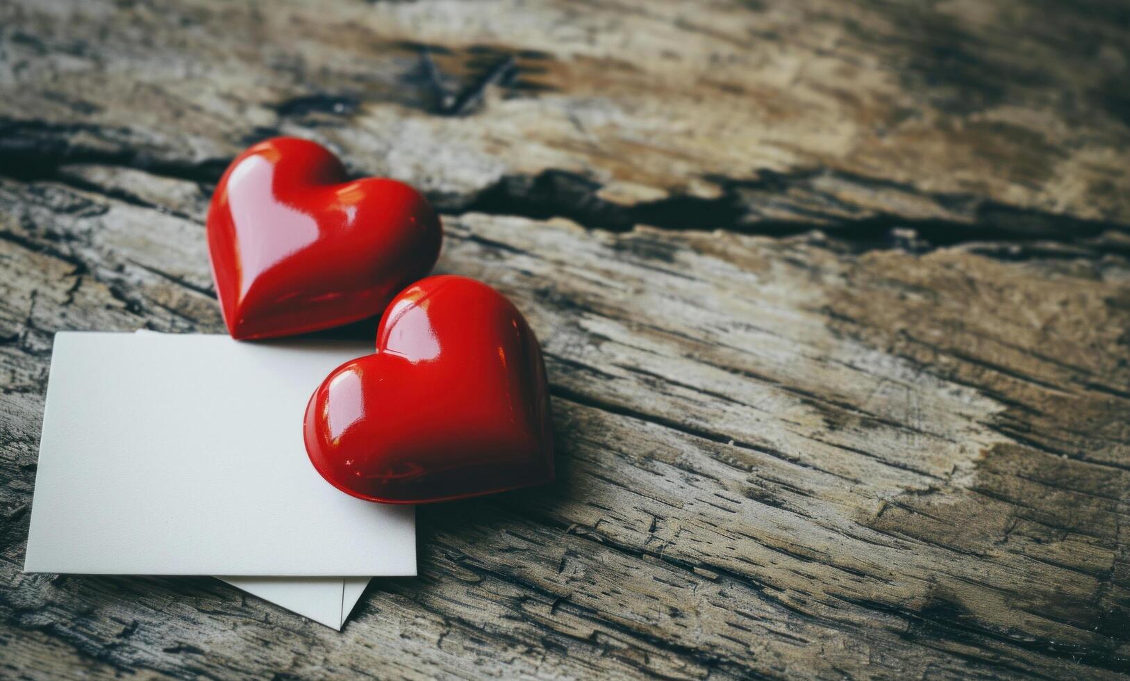 ai generado dos rojo corazones y blanco tarjeta en de madera mesa foto