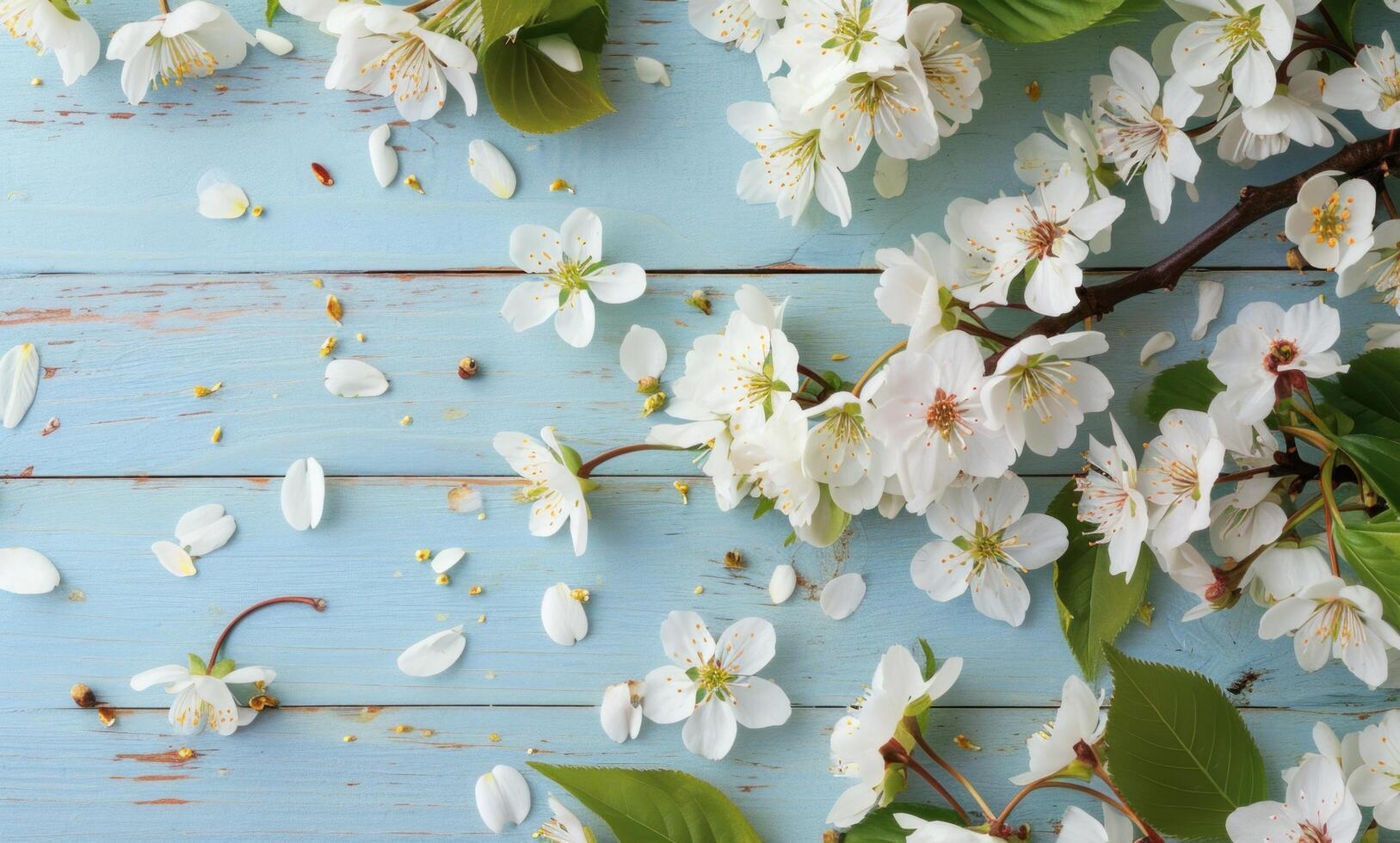 AI generated white cherry blossoms and leaves on light blue wooden background photo