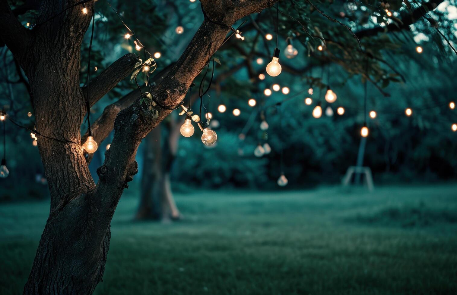 AI generated a tree in a grassy area with several lights hanging down photo