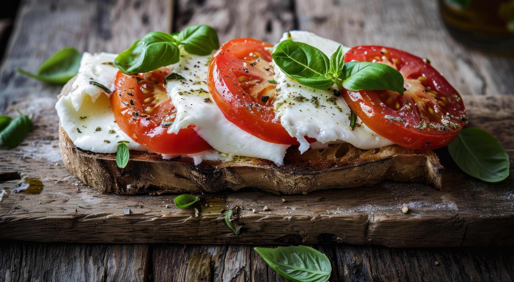 AI generated a sandwich with mozzarella cheese and tomatoes on top photo